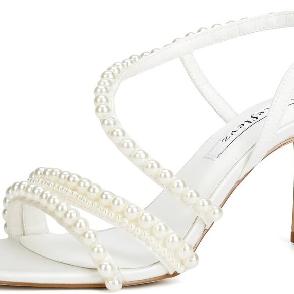 Pearl Wedding Shoes Satin Pearl Heels Bridal Open Toe Strappy 8 Ivory - Picture 1 of 5